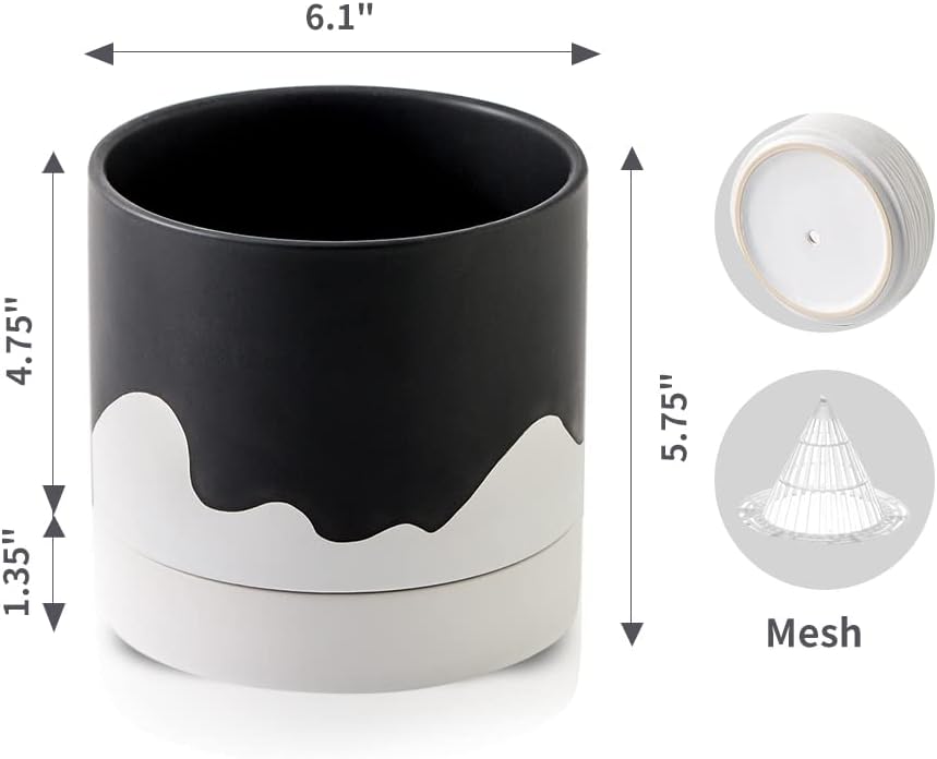Nihow Ceramic Plant Pot: 6 Inch Planter with Drainage Hole & Saucer for Indoor & Outdoor Plants - Cylinder Round Flower Pot for Succulent/Herbs/Violets - Black & Wave White