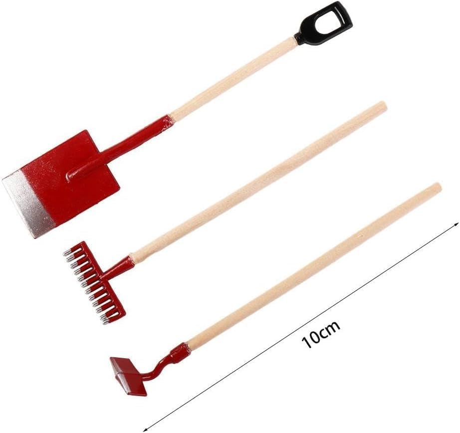 3Pcs Miniature Garden Tools 1:12 Mini Shovels and Rake Farm Tools Fairy Garden Furniture Dollhouse Accessories (Red)