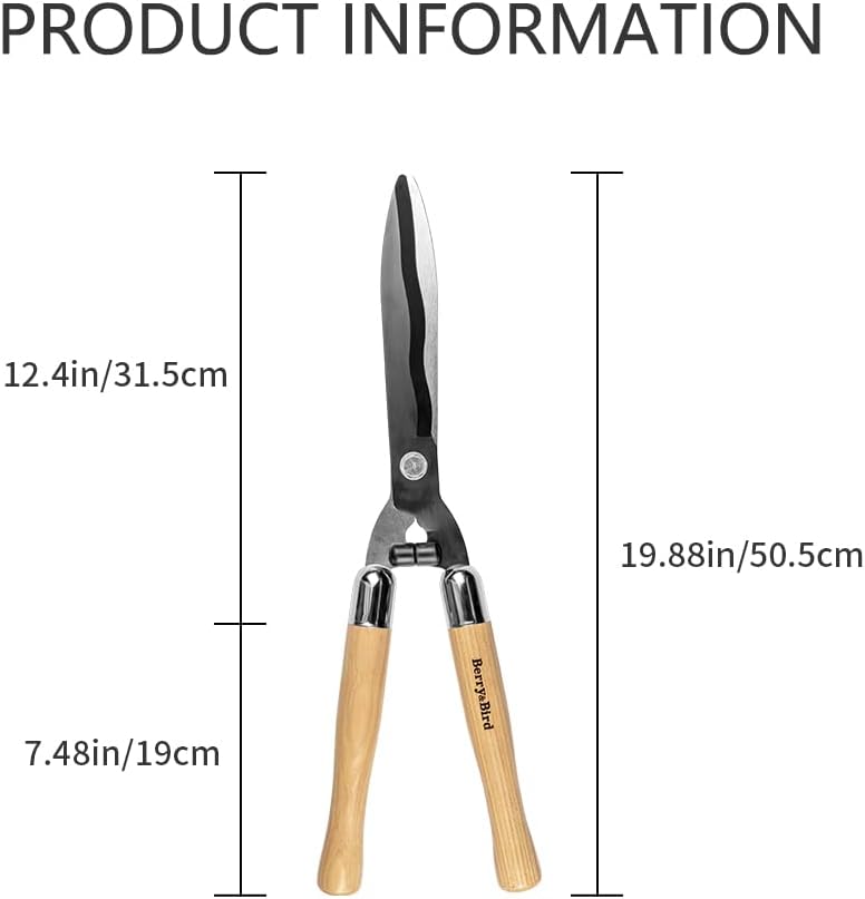 Berry&Bird Garden Hedge Shears,19.88''Heavy Duty Pruning Shear for Trimming Borders and Bushes, Manual Hedge Clippers with Wooden Handles & Carbon Steel Sharp Blades Gardening Scissors