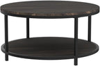 NSdirect 36 inches Round Coffee Table, Rustic Wooden Surface Top & Sturdy Metal Legs Industrial Sofa Table for Living Room Modern Design Home Furniture with Storage Open Shelf(Rustic Brown)