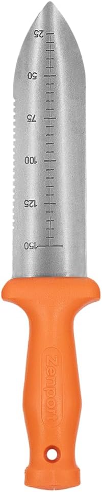 Zenport K246 Deluxe ZenBori Soil Knife with Sheath, 6-Inch Stainless Steel Serrated Blade and Depth Measurement Markings, Orange Handle