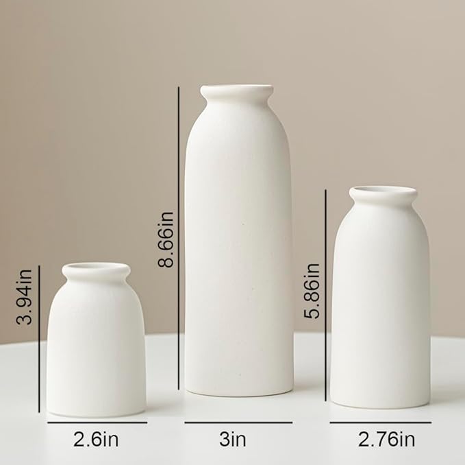 Ceramic Vase Set-3, Small Flower Vases for Decor, Modern Boho Farmhouse Style, Decorative Shelf Vases for Pampas Grass & Dried Flowers, Distressed Finish (White)