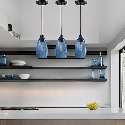 Mini Glass Pendant Light 1-Pack Handblown Clear Dark Blue Seeded Glass Shade Adjustable Cord Ceiling Light Fixture for Kitchen Island Sink 4.72"