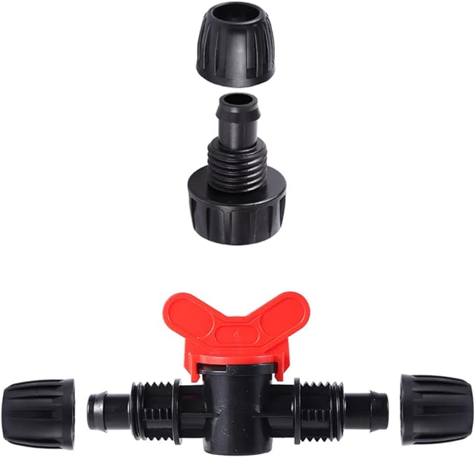 1/2 inch Irrigation Tubing Fittings For (1/2" ID x0.6-0.63" OD) 16mm Drip Tubing Barbed Locked Connectors-2 US Standard 3/4" to 1/2" Faucet Adapters,1 Switch Valve