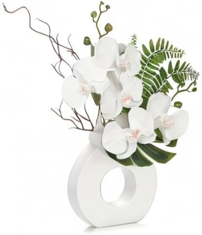 Briful Orchid Artificial Flowers 16.1'' White Orchid Silk Flowers with Ceramic Vase Faux Orchid Arrangement for Home Office Table Centerpiece Indoor Decoration