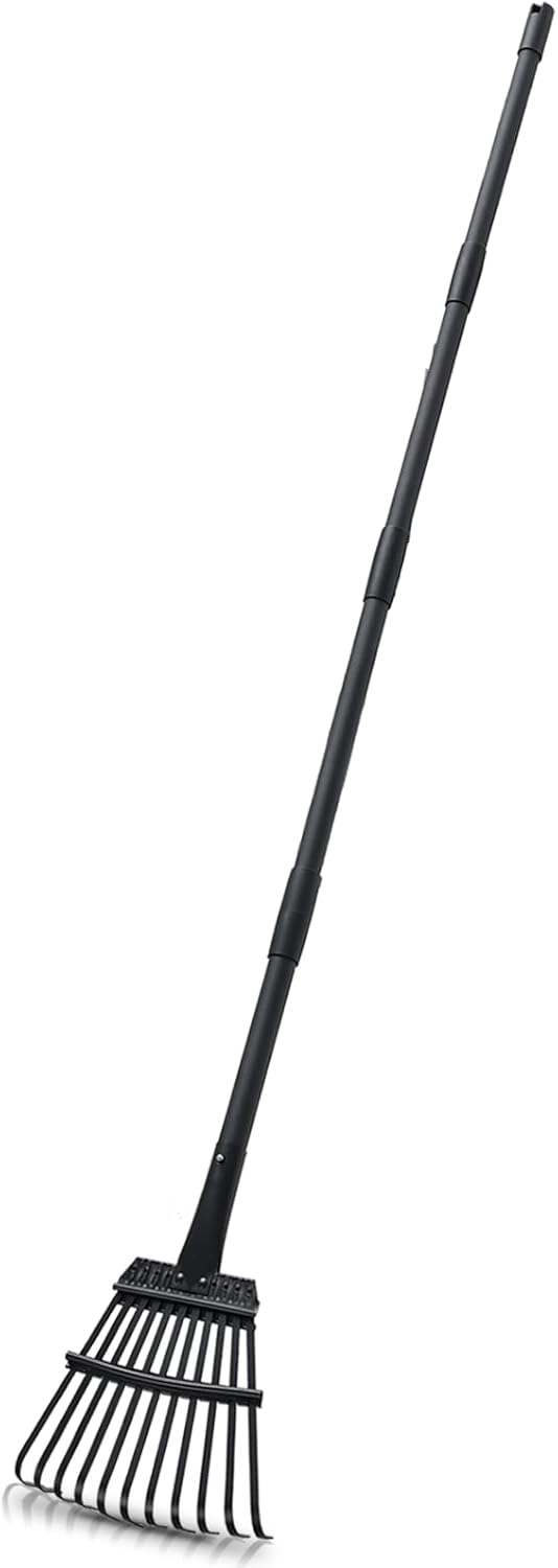 Rake for Leaves Small Metal Garden Tool with 11 Tines 63 Inch Adjustable Handle Sturdy Yard Rake for Gardening Gathering Leaves Weeds Debris, Black