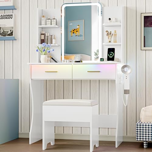 Vanity Desk with LED Lights Mirror & Power Outlet, Small Makeup Vanity Table Set with Storage Drawers & Chair, 3 Lighting Modes & Adjustable Brightness, Dressing Table for Women Girls Bedroom, White
