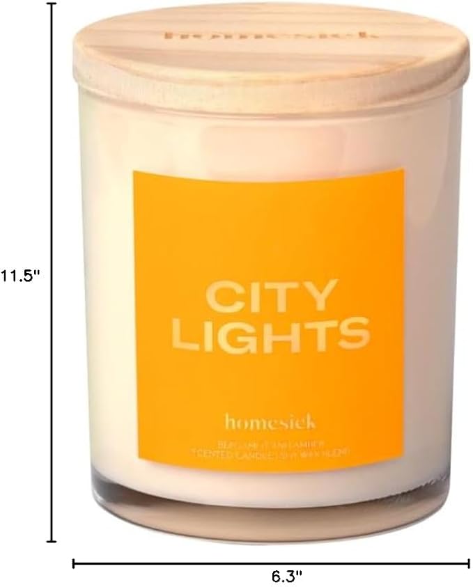Homesick Scented Candles for Home (City Lights) - 7.5 oz Long-Lasting Natural Soy Wax Blend Jar Candle Gift for Women & Men for All Occasions, 30-35 Hours Burn Time - Notes of Amber & Bergamot