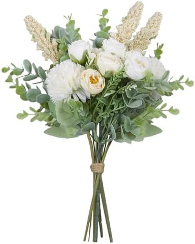 Meldel 3Pcs Rose Bouquet White&Champagne Artificial Flowers Eucalyptus Plants Silk Flower Arrangements Wedding Bouquets Decorations Plastic Floral Centerpieces for Home Kitchen Garden Party Decor