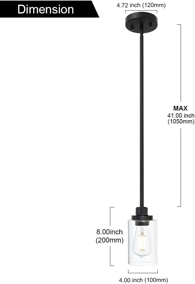 Black Industrial Pendant Light Fixtures, Kitchen Hanging Lighting with Clear Glass Cylinder Shade for Farmhouse Dining Room Coffee Bar Bedroom