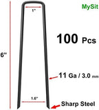MySit 6" Garden Staples Landscape Stakes Ground Pins 100 Pack, Lawn Staples Weed Fabric Staple, Heavy Duty 11-Gauge(3.0mm) Steel Sod Anchor Securing Pegs for Securing Fabric