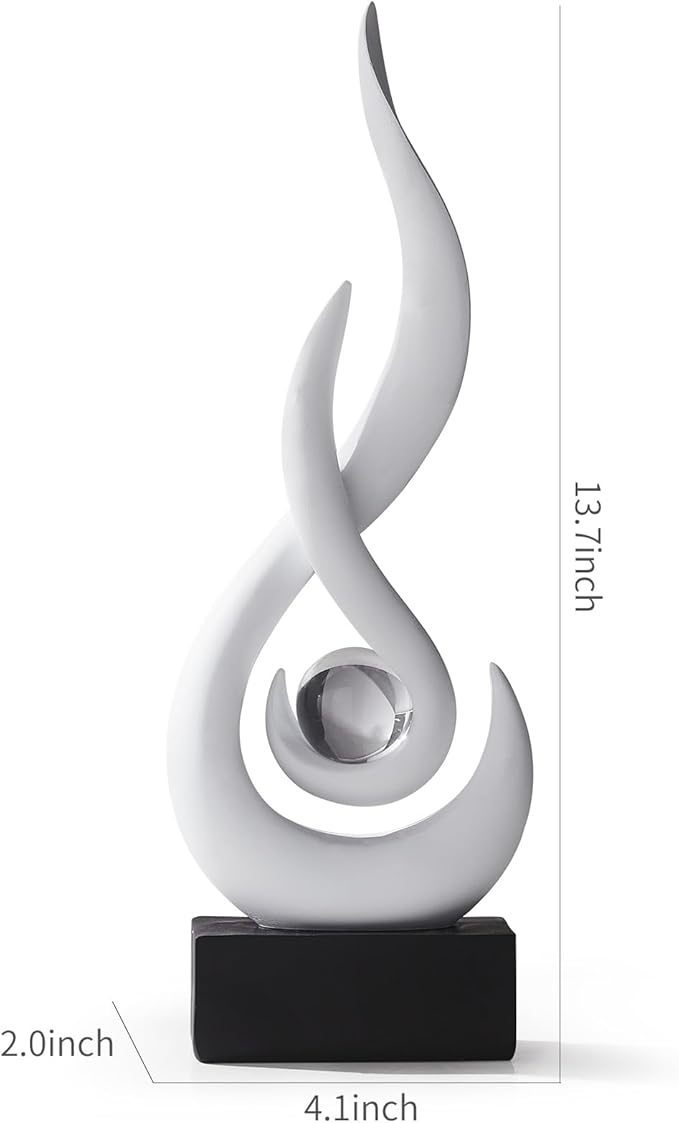 AWNR Modern White Sculpture Decor: Flame Statue with Glass Ball Resin Abstract Art Figurines Unique Centerpiece for Living Room TV Stand Coffee Table Office Decor
