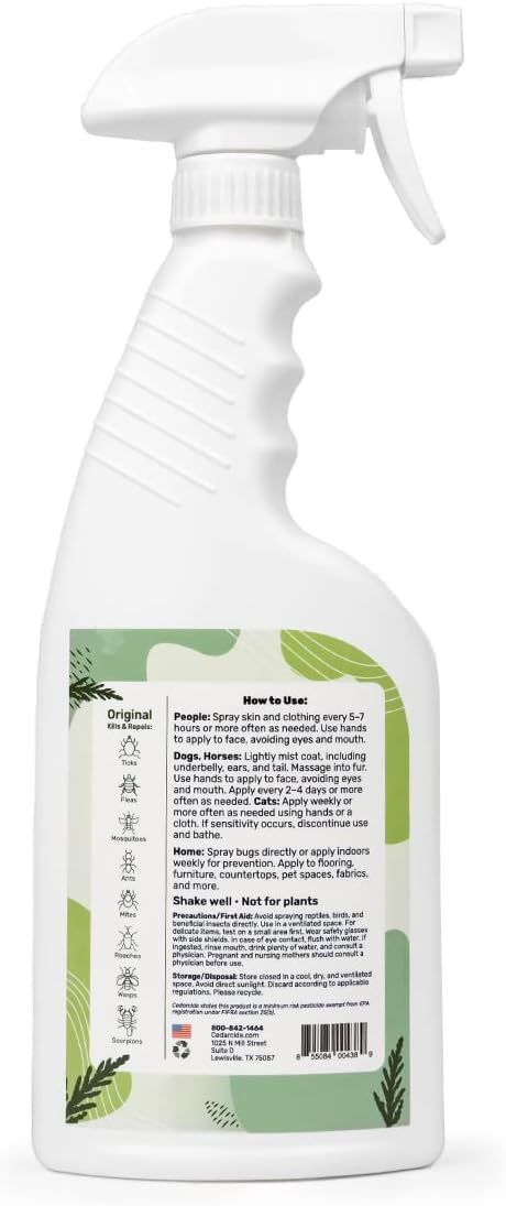 Cedarcide Original: Eco-Friendly Bug Spray - Repel & Kill Fleas, Ticks, Mosquitoes, Mites, Ants & Chiggers - for use on People, Pets & Home - Natural Cedar Oil - Pint