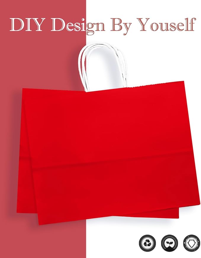 qiqee 50-Packs Red Paper Gift Bags with Handles Bulk 12.6"x4.3"x10" Wide Large Size Party Favor Bags Multiple Uses