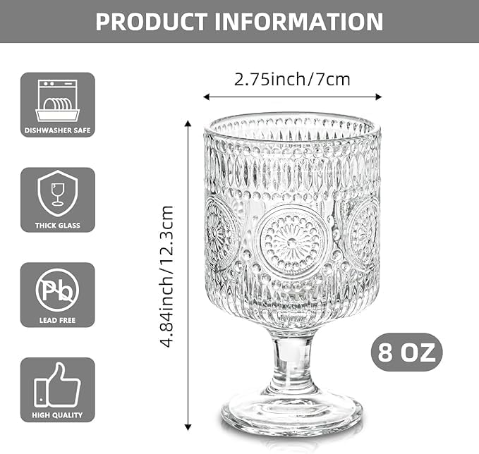 6 Packs Vintage Goblet Glasses Handcrafted Art Deco Crystal Goblets 8 oz Wine Glasses Drinking Goblets Bar Tumbler Glassware for Iced Tea, Wine, Beer, Juice, Cocktail, Whiskey