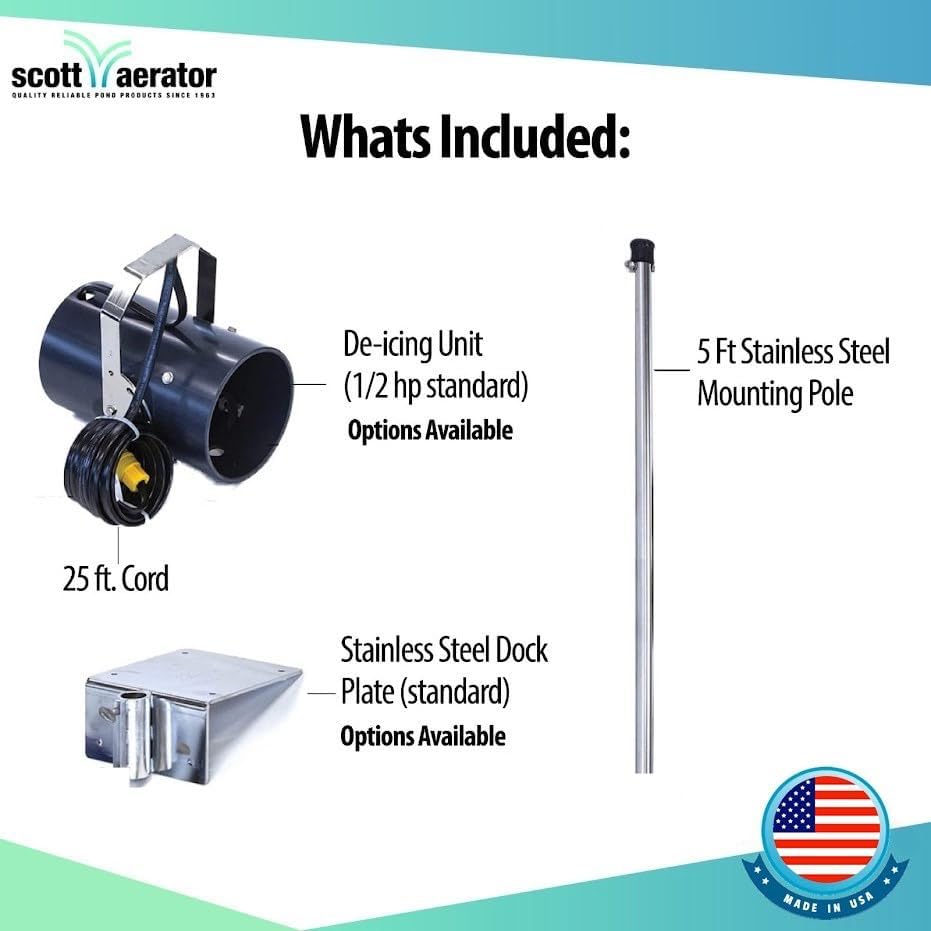 Scott Aerator DeIcer for Lakes & Ponds | 3/4 Horse Power 115V Stainless Steel | 25 ft. Electric Corded Cable Included with Dock Mount Assembly | Made in USA