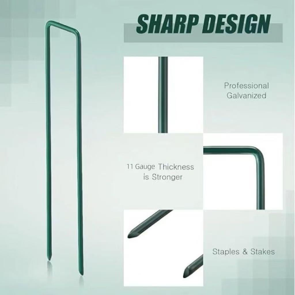 8 inch 20 Pack Green Galvanized Landscape Staples 11 Gauge Garden Stakes Pins Anti-Rust Ground Stakes U-Shaped Tent Stakes are Used for Weed Barrier, Irrigation Tubing, Yard Lawn, Landscape Fabric