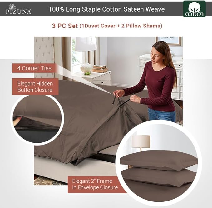 Pizuna Pure 100% Cotton Queen Duvet Cover Set, Luxurious 400 Thread Count Long Staple Cotton Sateen Weave with Button Closure (Combed Dark Brown Cotton Duvet Cover Queen)