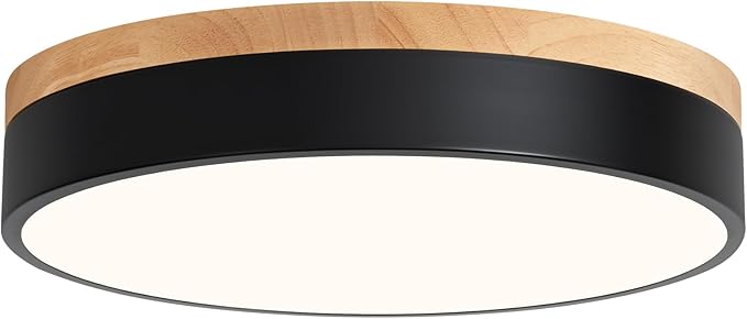 Modern Dimmable LED Close to Ceiling Light Minimalist Wood Oak Flush Mount Ceiling Light Fixture Circle Lighting for Bedroom Kitchen Bathroom Laundry Room (Black, 11.8'')