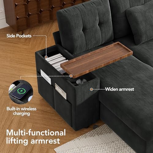 Vipbear 7 Seat Modular Sectional Sleeper Sofa with Pull Out Bed, L-Shaped Couch with Reclining Backrest, Lift Top Storage Chaise, USB LED Light, Tool-Free Assembly, Chenille Black