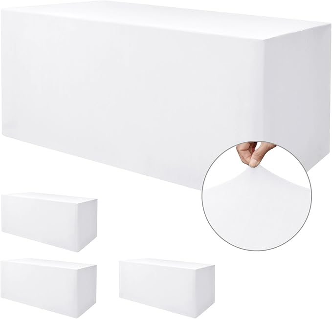 Nasitos White Fitted Table Covers for 5 Foot Tables - 60 x 30 Inch - 4 Pack Stretch Spandex Rectangle Table Clothes, Fabric Tablecloths for Parties, Trade Show, Craft Show, Birthday