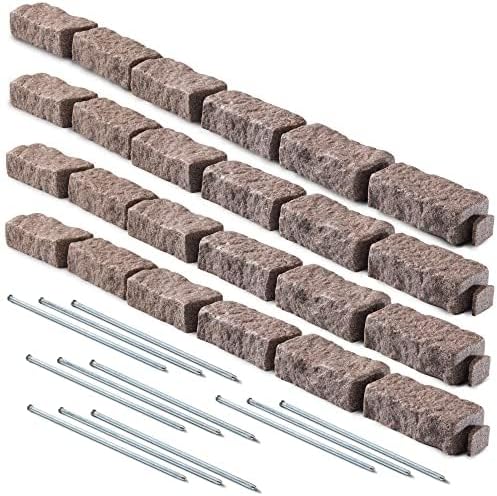 Beuta Landscape Edging | Garden Edging Border | Faux Stone Bricks for Lawn edging, Flower beds, Pathways & Yard Edging– 4 Packs | Each Section Has 6 Bricks 48"L x 4"W x 2.25"H | 12 Spikes |Cobblestone