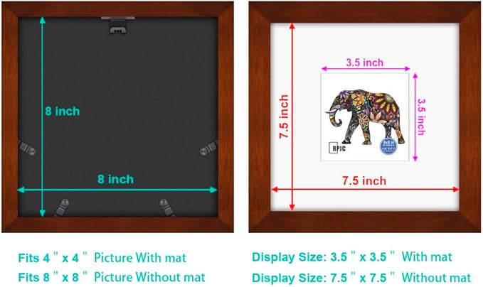 RPJC 8x8 Soild Wood Picture Frame with High Definition Glass Display Pictures 4x4 with Mat or 8x8 Without Mat for Wall Mounting Hanging Photo Frame Brown