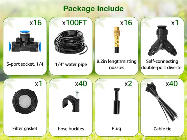 Pro-Series Drip Irrigation System, 100FT 1/4" Garden Watering System with 16pcs 360° Bendable Copper Nozzles, Leak-Free Quick-Connect Misting Sprinkler Kit for Patio, Raised Beds, Yard, Greenhouse