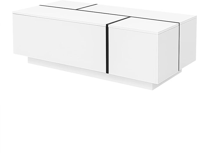 Modern High Gloss Coffee Table with Hidden Storage Space, 47.2-Inch Wooden Extending Top Center Table with Drawers for Living Room, White