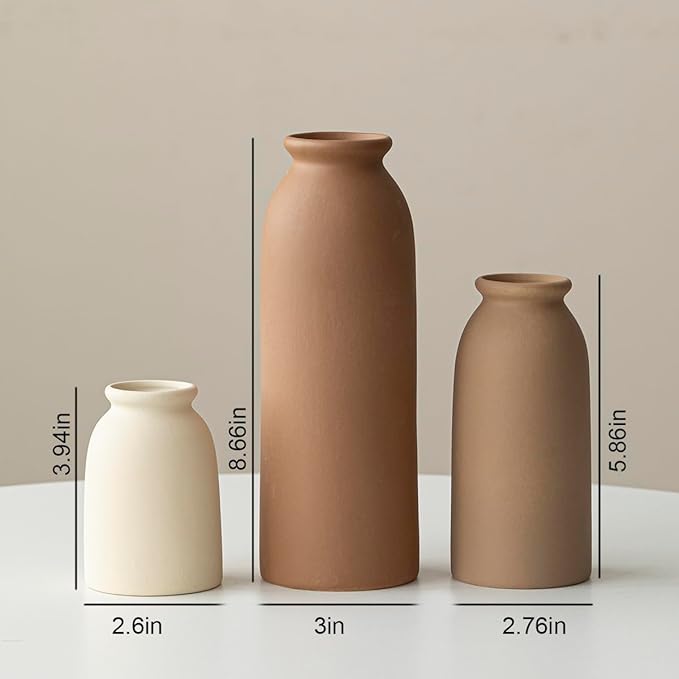 Ceramic Vase Set-3, Small Flower Vases for Decor, Modern Boho Farmhouse Style, Decorative Vases for Pampas Grass & Dried Flowers, Distressed Finish (Earth Tone)