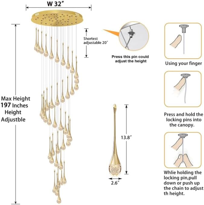 H197 Foyer Chandeliers for high Ceiling Luxury Hanging Lights High Ceiling Pendant Lighting for Living Room Staircase Dimmable 2700K-6000K