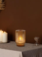 Serene Spaces Living Amber Ribbed Glass Votive Holder, Decorative Centerpiece for Wedding, Christmas, Thanksgiving, Living Room, Home Décor, Measures 3.25" Diameter and 5" Tall, Set of 24