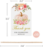 50 Pink Pumpkin Gift Tags - Fall Theme with String, Thank You Tags for Wedding, Birthday, Baby Shower & Party Favors (Two Colors)