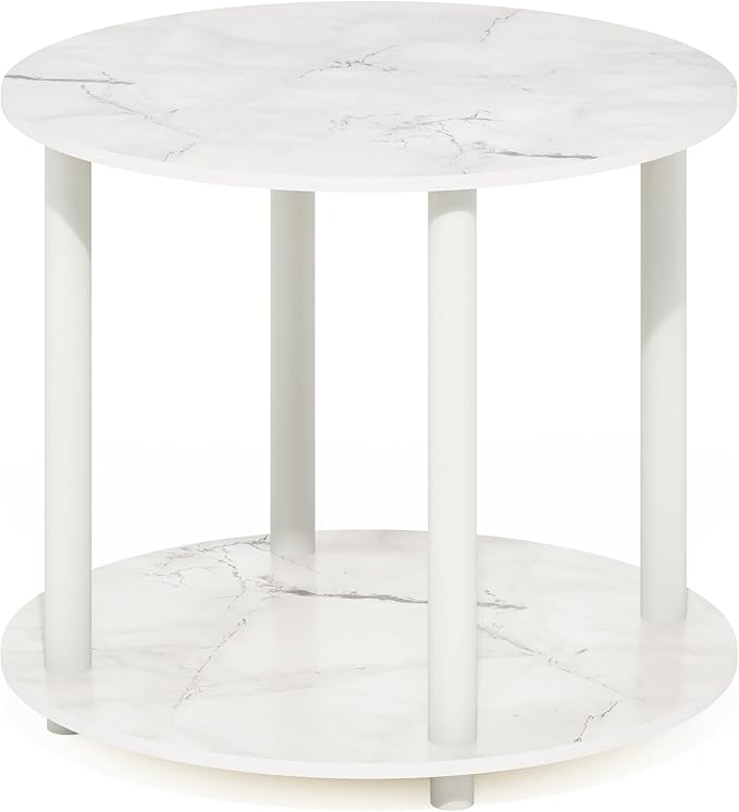 Furinno Turn-N-Tube Simple Design 2-Tier Round Wooden Small Coffee Table, Marble White