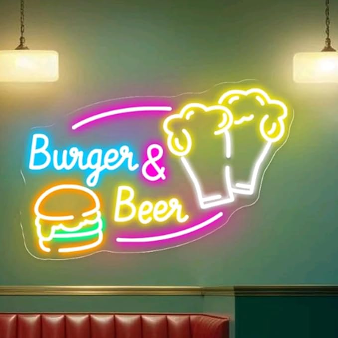 Burger & Beer Neon Sign, Custom Hamburger Snack Bar LED Neon Night Home Wall Decor Fast Food Coffee Shop Restaurant Pub Business Decoration Size:20x13inches