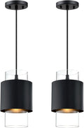 1 Light Hanging Indoor Kitchen Island Pendant Light 6" Drum Glass Shade Pendant Ceiling Light Fixtures Modern Farmhouse Dinning Over Sink (Black Finish, 2 Pack)