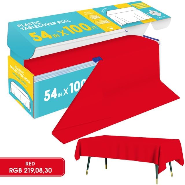Red Plastic Table Cover Roll - 54IN x 100FT, Table Cloth for Rectangle Table with Slide Cutter, Plastic Table Cloth Disposable with Cut-to-Size Design for Weddings, Banquets, Parties