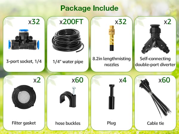 Pro-Series Drip Irrigation System, 200FT 1/4" Garden Watering System with 32pcs 360° Bendable Copper Nozzles, Leak-Free Quick-Connect Misting Sprinkler Kit for Patio, Raised Beds, Yard, Greenhouse