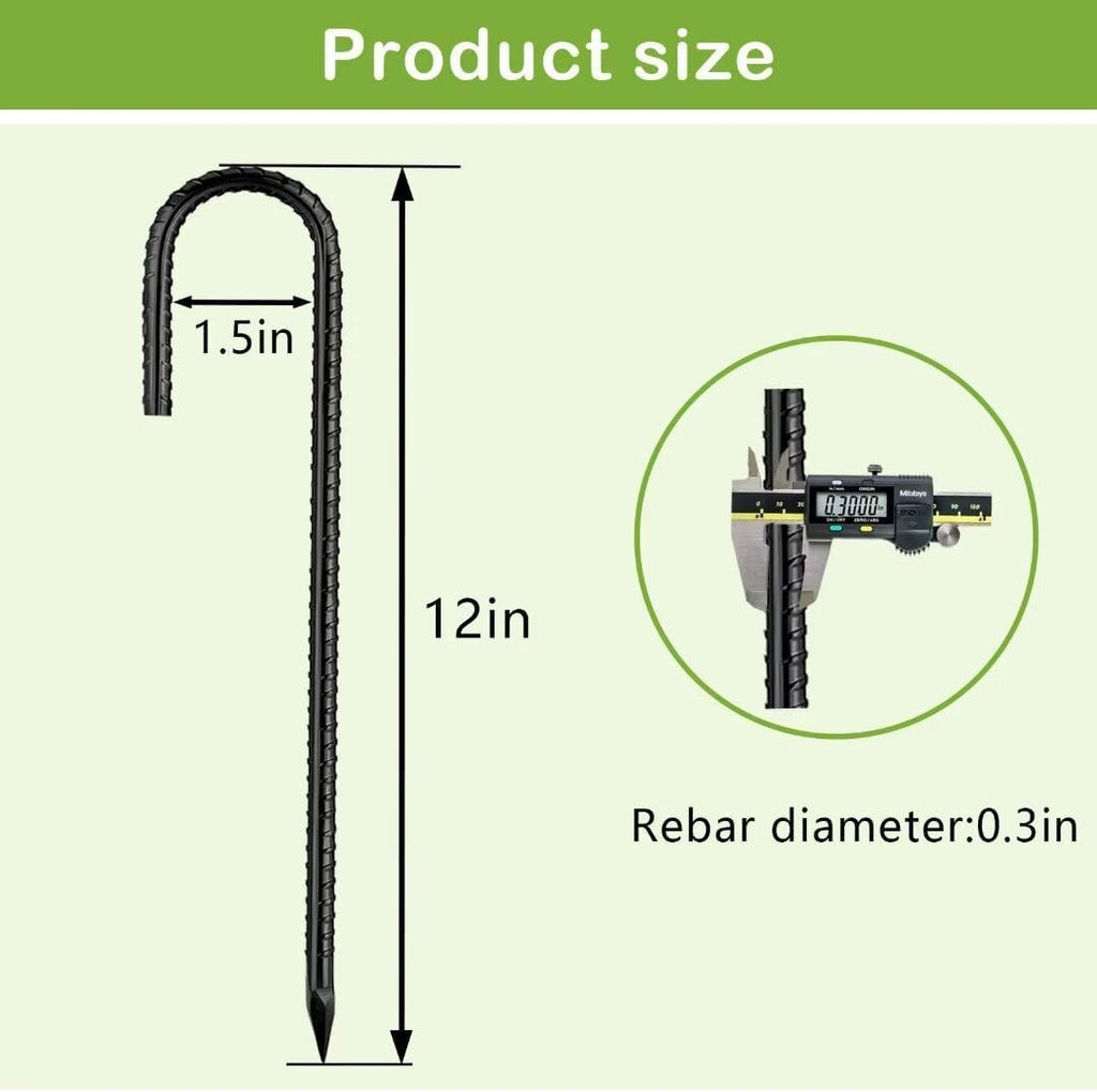 Ground-Stakes-Heavy-Duty-12 inch, J-Hook Rebar Stakes Black Coated Anti-Rust 6pcs Garden Stakes Metal Ground Anchors for Garden Dog Fence Chicken Coop Christmas Decorations Deer Fence