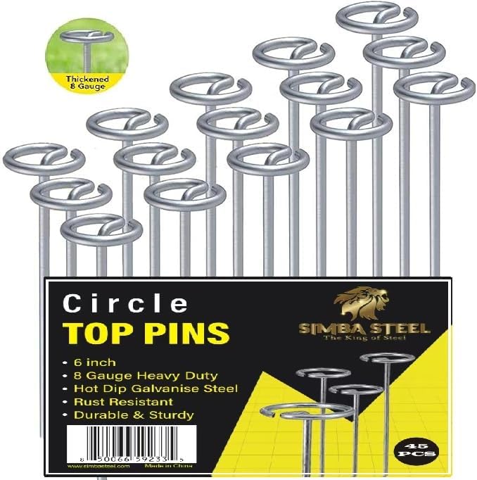 8 Gauge Circle Top Lanscape Pins - 45 Pack x 6 Inch Galvanised, Heavy Duty, Not Easy to Bend, Garden Stakes for Tarps, Lawn Turf, Weed Mats, More Holding Power (45 Pins)