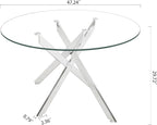 47.24" Round Glass Dining Table Modern Kitchen Glass Top Table for 6 with Silver Metal Legs, Clear Dining Table Kitchen Table for Home Office Dining Room