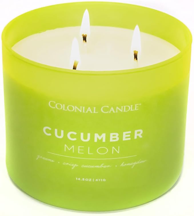 Colonial Candle Cucumber Melon Scented Jar Candle, Pop of Color Collection, 3 Wick, Green, 14.5 oz - Up to 60 Hours Burn