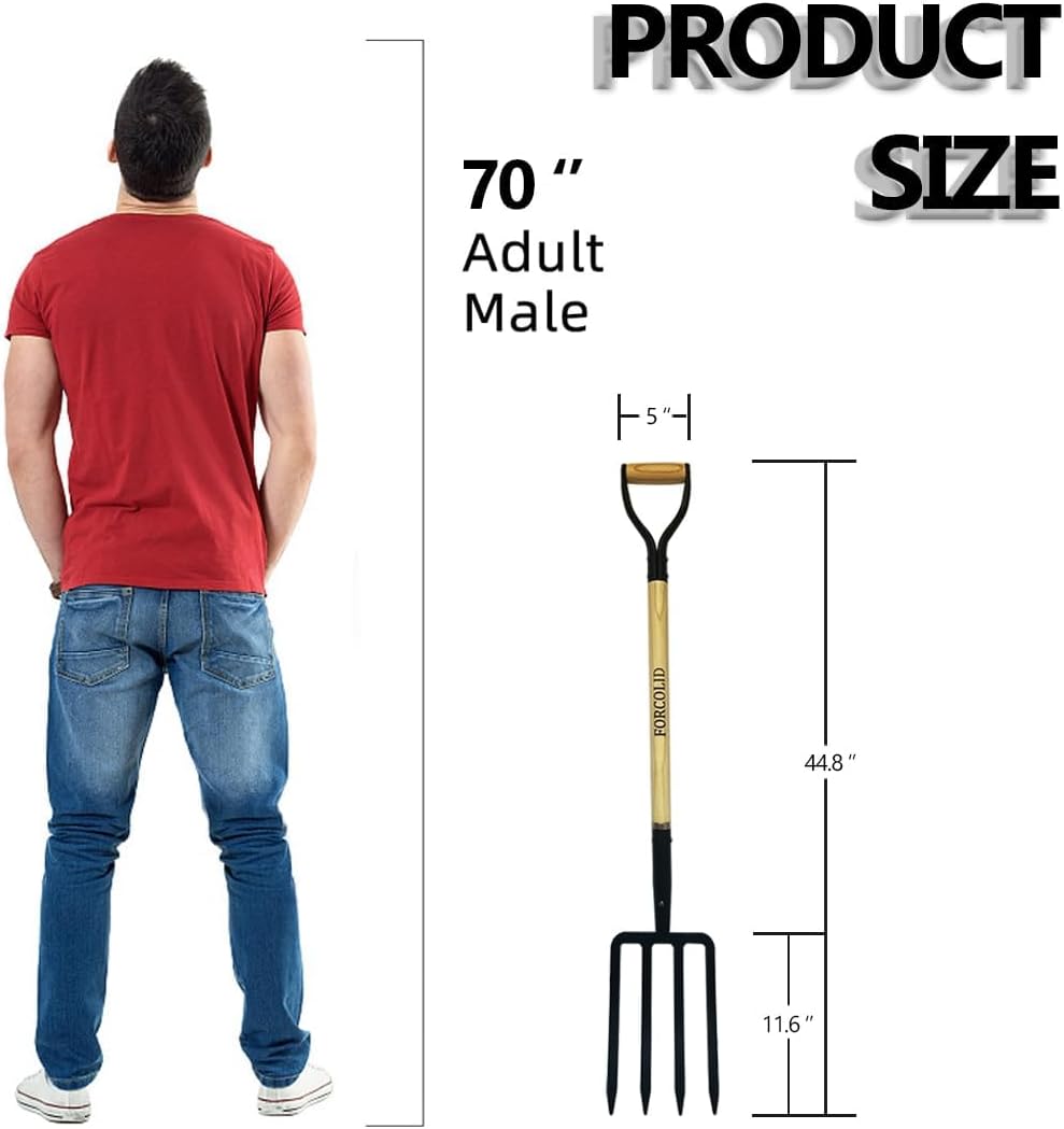Garden Fork, 4-Tine Spading Digging Fork, Pitch Fork-45Inch, Forged Steel Y-Grip, Wood Handel