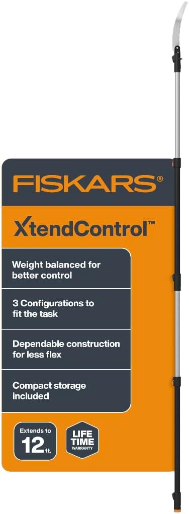 Fiskars XtendControl Extendable Tree Pruner (12 ft), Adjustable Branch Trimmer with 15" X1 Saw, 3-6 ft Extension Poles, and Secure Locking System for Precision Cutting
