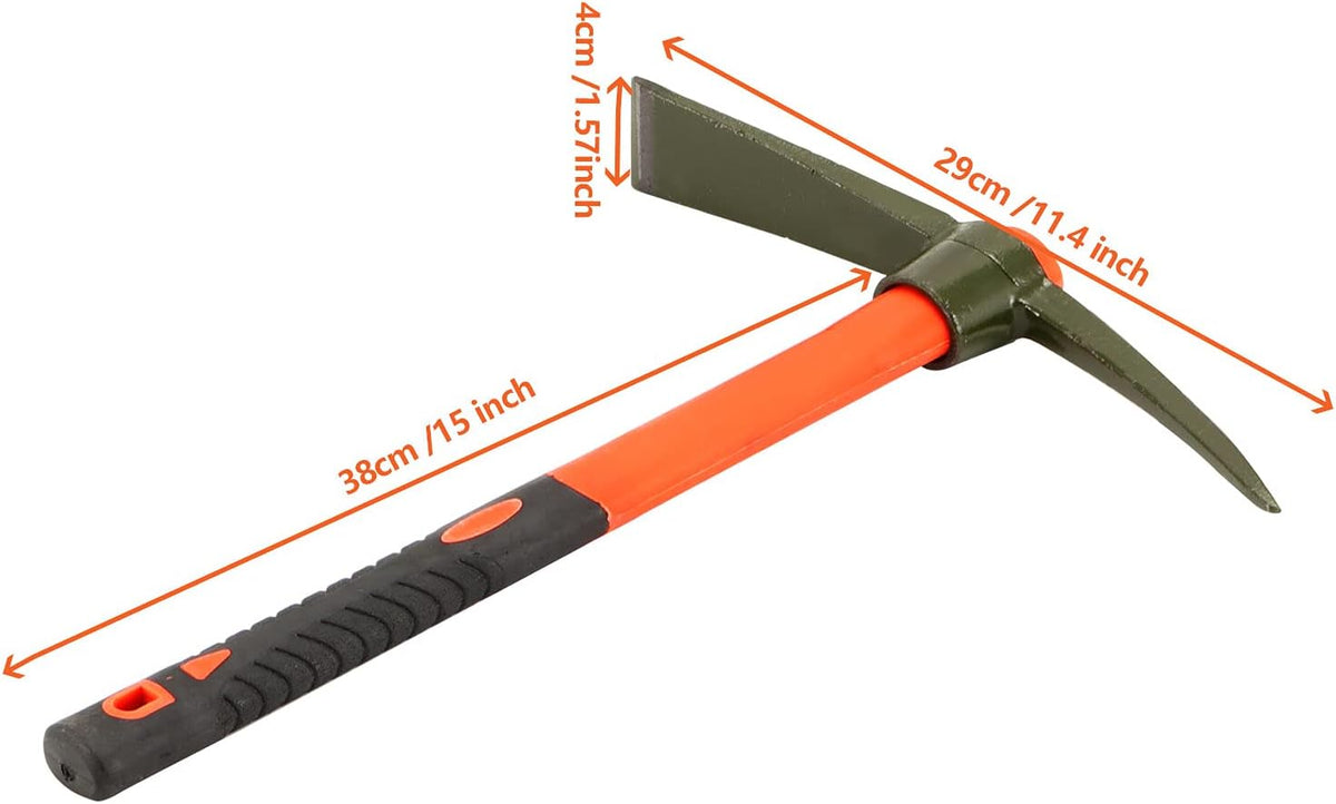 15 Inch Pick Mattock Hoe, 1.5Lbs Forged Adze Pick with Fiberglass Handle, Weeding Mattock Hoe Garden Pickaxe for Loosening, and Cultivating Vegetable Gardens or Flower Beds