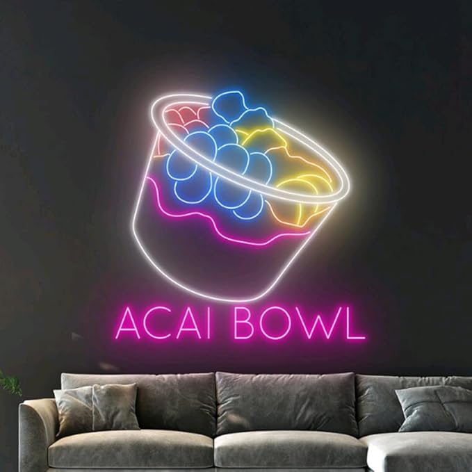 Acai Bowl Neon Sign, Acai Bowl LED Light, Acai Bowl Fruit Neon Light, Open Led Sign, Cafe Room Wall Decor, Club Neon Light, Drink Led Sign Size:18inches