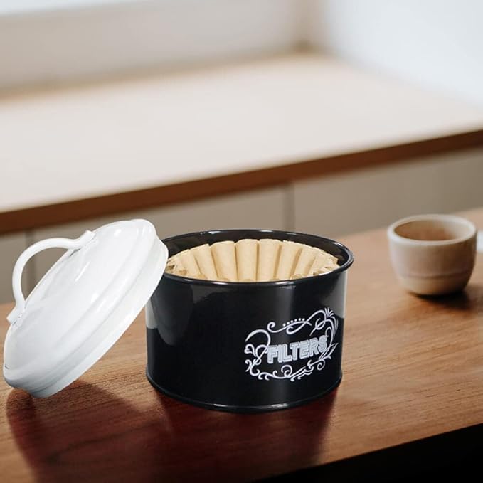 SOTECH Coffee Filter Holder Storage Metal Box Black Container Organizer Round Dispenser for Counter and Room Decor Coffee Bar Accessories