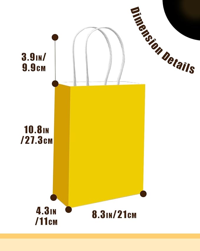 qiqee 50-Packs Bright Yellow Paper Gift Bags with Handles Bulk 11"x8.3"x4.3" Medium Size Paper Bags Multiple Uses
