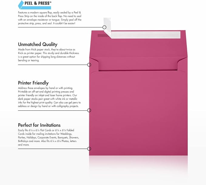 LUXPaper Square Invitation Envelopes | Peel & Press | 6 1/2" x 6 1/2" | Magenta Pink | 80lb. Text | 50 Qty