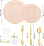 NOCCUR 175PCS Pink Plates with Gold Disposable Silverware - Include 50 Pink Plastic Plates,25 Knives,25 Forks,25 Spoons,25 Cups and 25 Napkins - Ideal for Wedding/Party